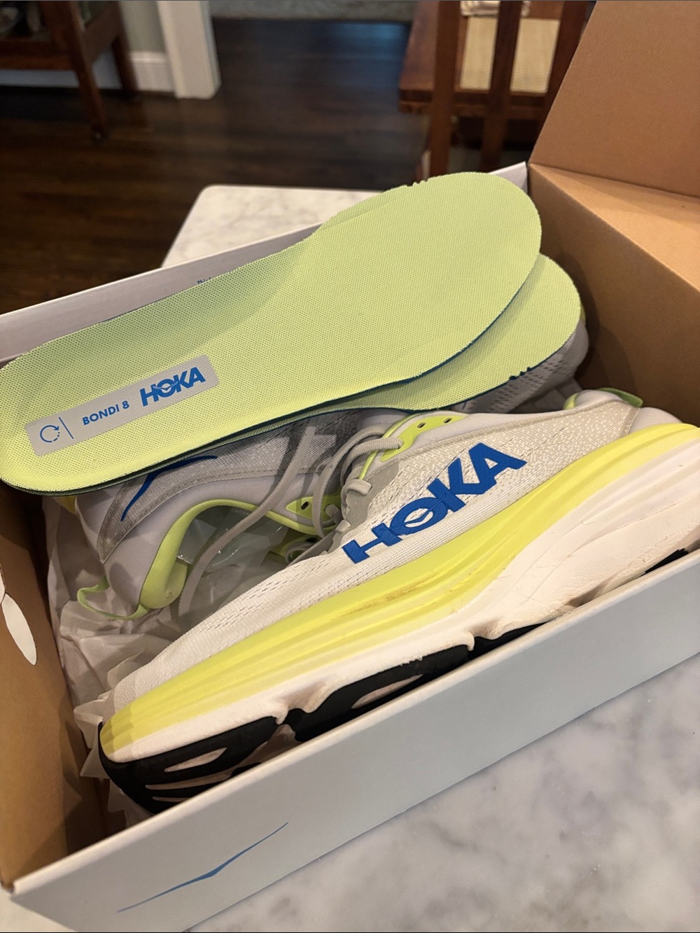 Hoka Bondi 8 Running Shoes in White and Lime - Picture 6 of 7
